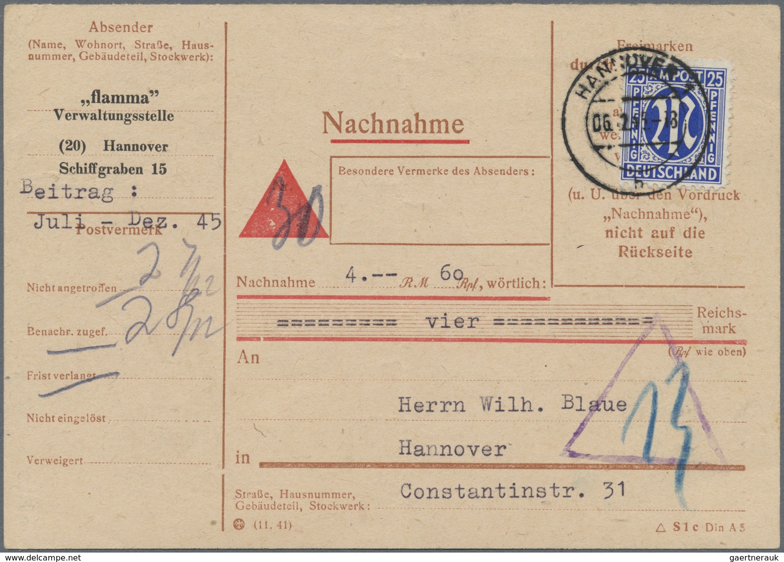 Br Bizone: 1945, 25 Pf AM-Post, Glattes Papier, Portogerechte EF Auf Nachnahme-Ortspostkarte In Hannove - Autres & Non Classés