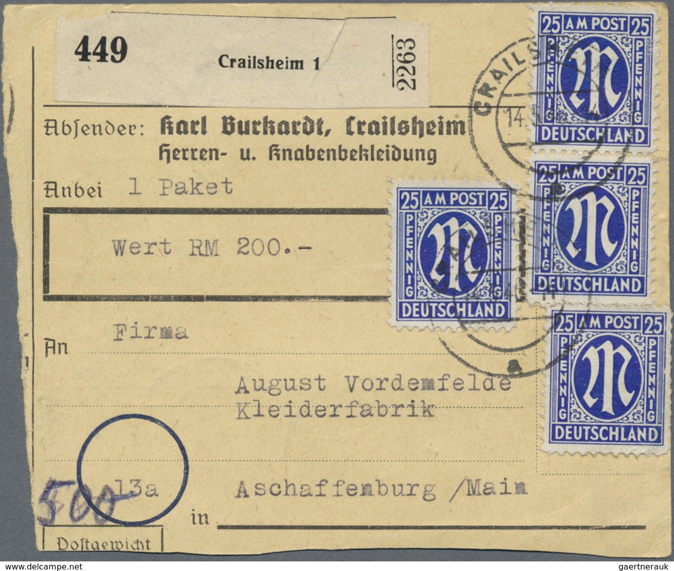 Br Bizone: 1945, 25 Pf AM-Post, 20 Stück Als Portogerechte Massen-MeF Auf Wert-Paketkarte Von Crailshei - Sonstige & Ohne Zuordnung