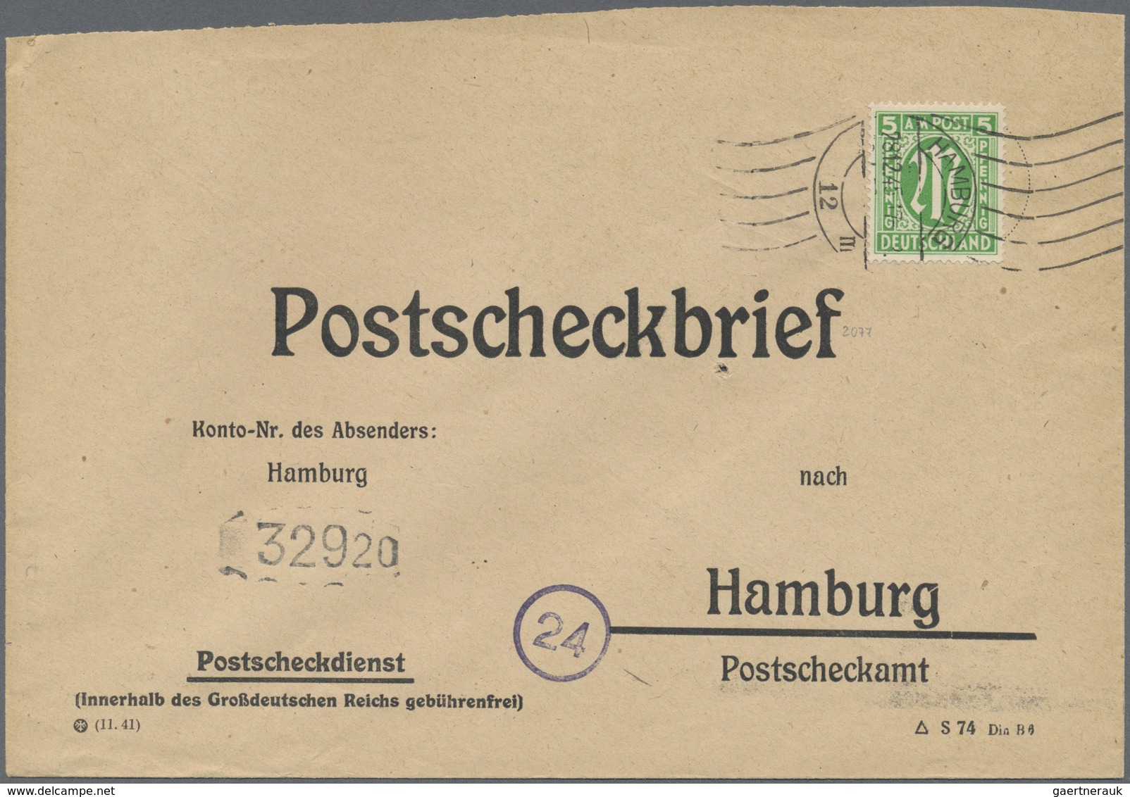 Br Bizone: 1945, 5 Pf AM-Post Engl. Druck, Portogerechte EF Auf Postscheckbrief Im Ortsverkehr Hamburg, - Sonstige & Ohne Zuordnung