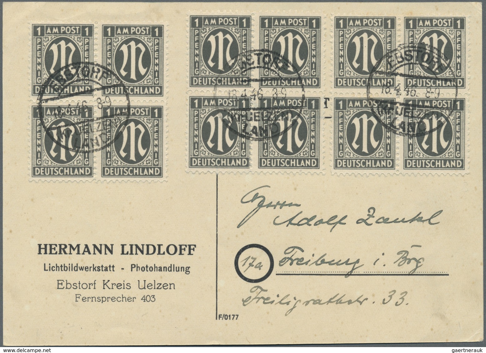 Br Bizone: 1945, 1 Pf AM-Post, 12 Stück (3 Viererblocks) Als Portogerechte Massen-MeF Auf Postkarte Von - Altri & Non Classificati