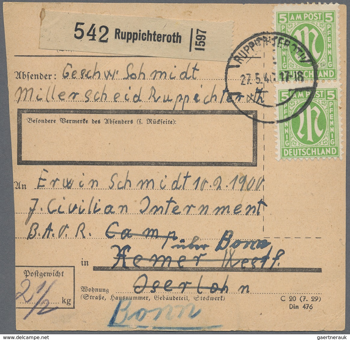 Br Bizone: 1945, 5 Pf AM-Post Dt. Druck, 12 Stück Als Massen-MeF Auf Paketkarte Von Ruppichteroth, 27.5 - Sonstige & Ohne Zuordnung