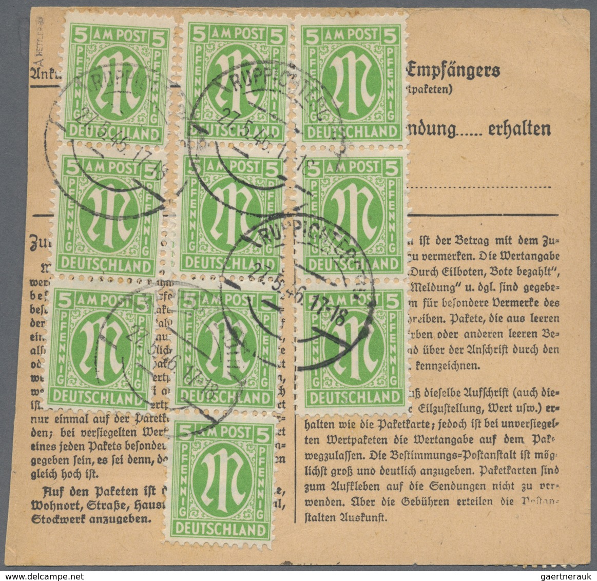 Br Bizone: 1945, 5 Pf AM-Post Dt. Druck, 12 Stück Als Massen-MeF Auf Paketkarte Von Ruppichteroth, 27.5 - Altri & Non Classificati