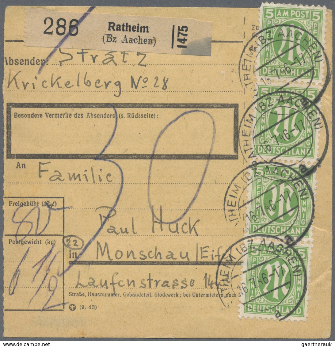 Br Bizone: 1945, 5 Pf AM-Post Dt. Druck, 12 Stück Als Massen-MeF Auf Paketkarte Von Ruppichteroth, 27.5 - Autres & Non Classés