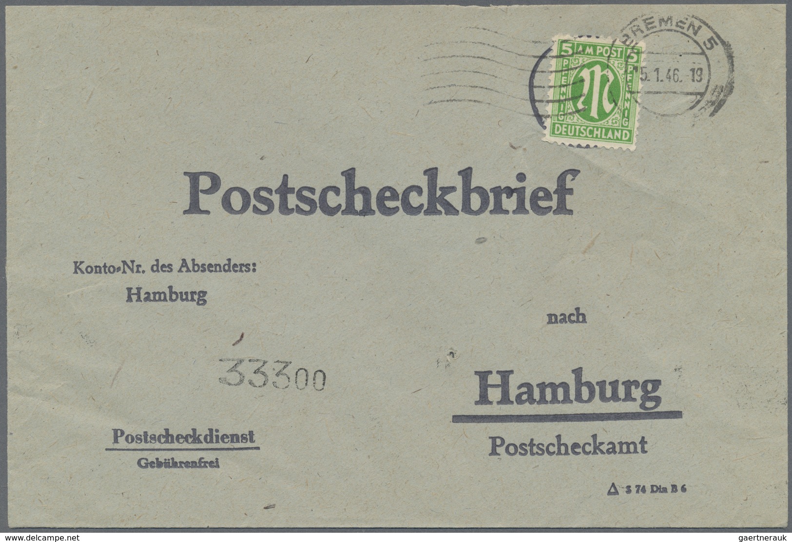 Br Bizone: 1945, 5 Pf AM-Post Dt. Druck, Portogerechte EF Auf Postscheckbrief Von Bremen 5, 15.1.46, An - Autres & Non Classés