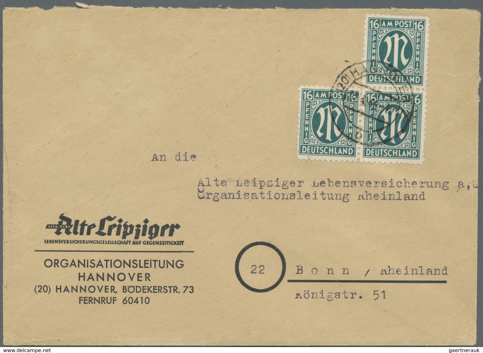 Br Bizone: 1945, 16 Pf Blaugrün AM-Post, Je 3 Stück Als Portogerechte MeF Auf Brief Von Hannover, 28.3. - Altri & Non Classificati
