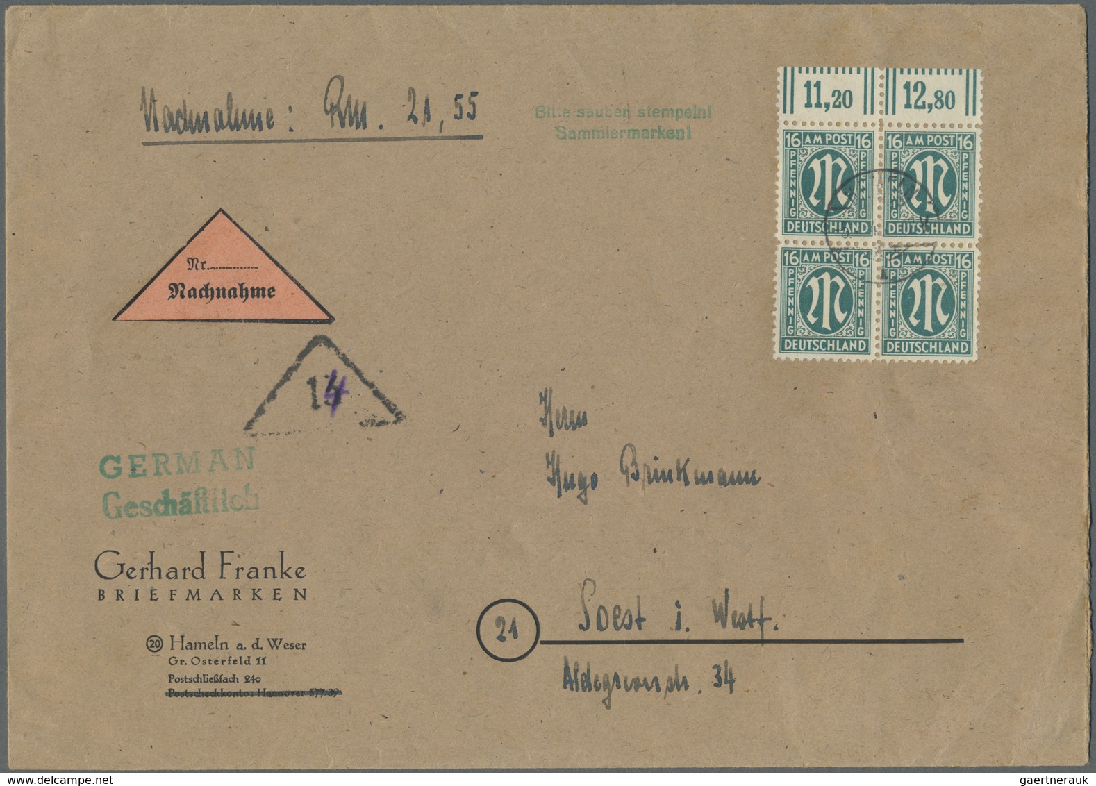 Br Bizone: 1945, 16 Pf Blaugrün AM-Post, Oberrand-4er-Block, Portogerechte MeF Auf Nachnahmebrief Von H - Autres & Non Classés