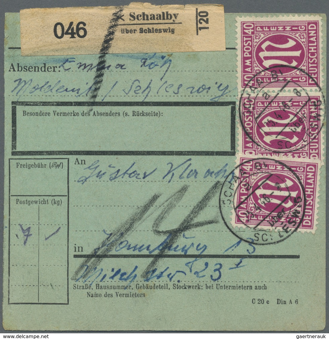 Br Bizone: 1945, 40 Pf Rosalila AM-Post, Gez. 11:11 1/2, Je 3 Stück Als MeF Auf Paketkarte Von Schaalby - Altri & Non Classificati