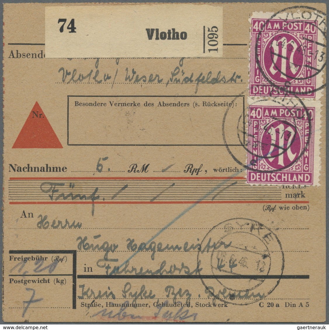 Br Bizone: 1945, 40 Pf Rosalila AM-Post, Gez. 11:11 1/2, Je 3 Stück Als MeF Auf Paketkarte Von Schaalby - Altri & Non Classificati