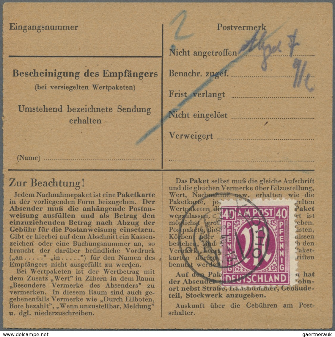 Br Bizone: 1945, 40 Pf Rosalila AM-Post, Gez. 11:11 1/2, Je 3 Stück Als MeF Auf Paketkarte Von Schaalby - Altri & Non Classificati