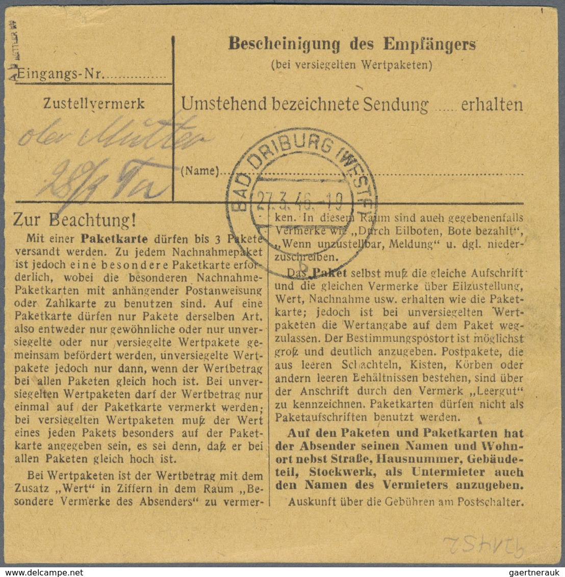 Br Bizone: 1946, 2 X 60 Pf Braunkarmin, Portogerechte MeF Auf Paketkarte Von Köln-Dellbrück, 23.3.46, N - Sonstige & Ohne Zuordnung