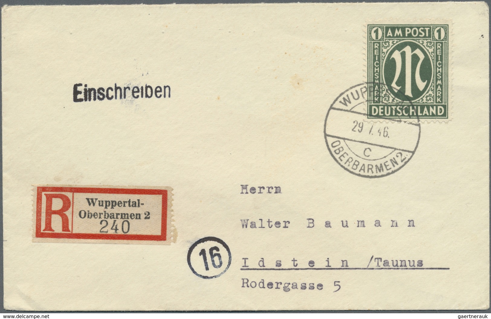 Br Bizone: 1946, 1 Mark AM-Post, EF Auf Einschreibebrief Von Wuppertal-Oberbarmen, 29.7.46, Nach Idstei - Altri & Non Classificati