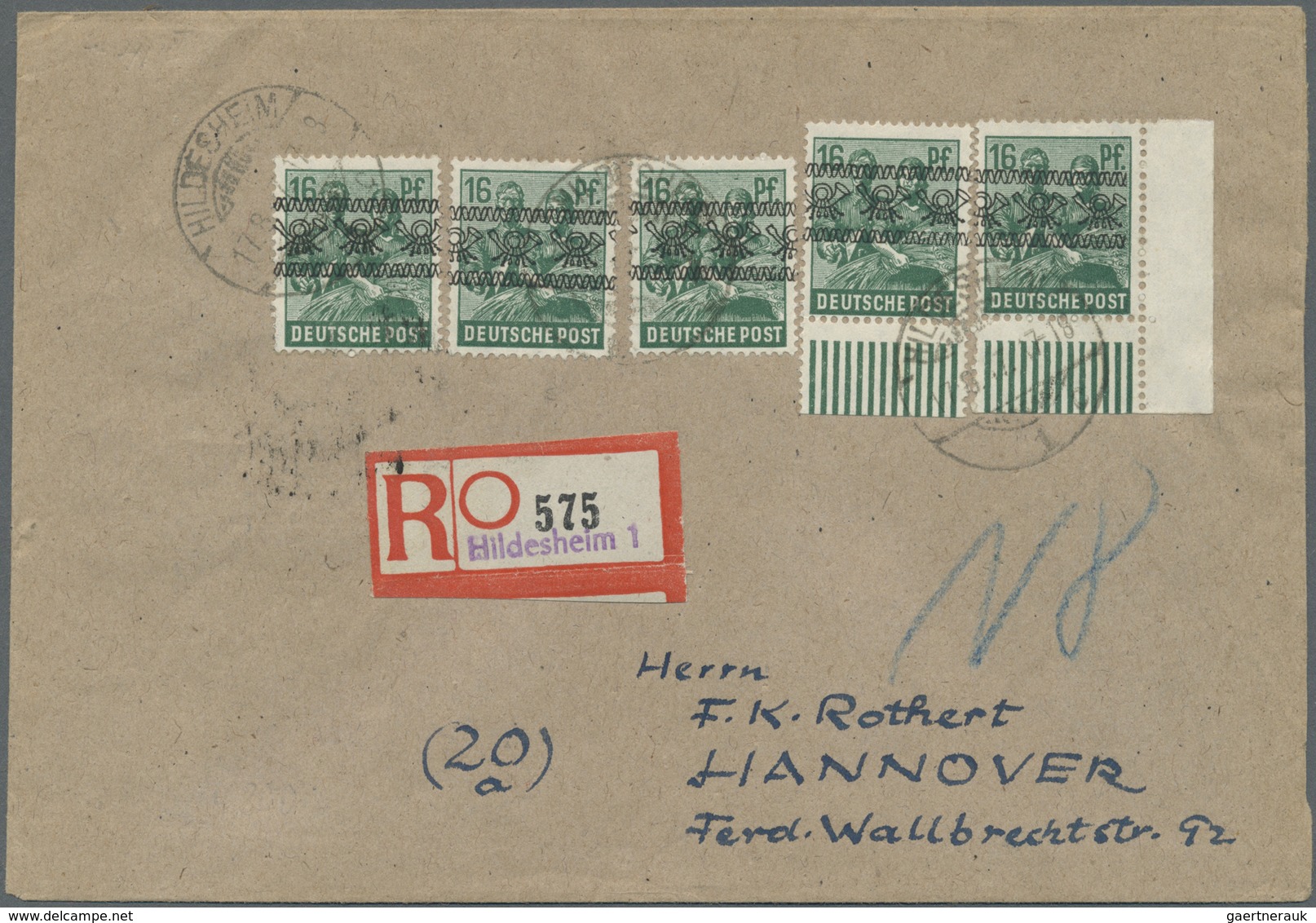 Br Bizone: 1948, 16 Pf Arbeiter Bandaufdruck, 5 Stück Als Portogerechte MeF Auf Einschreibebrief Der 2. - Autres & Non Classés