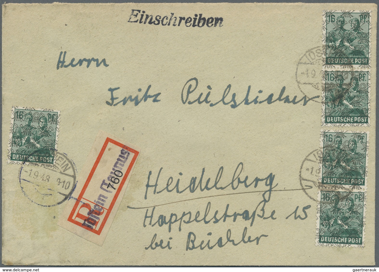 Br Bizone: 1948, 16 Pf Arbeiter Bandaufdruck, 5 Stück Als Portogerechte MeF Auf Einschreibebrief Der 2. - Autres & Non Classés