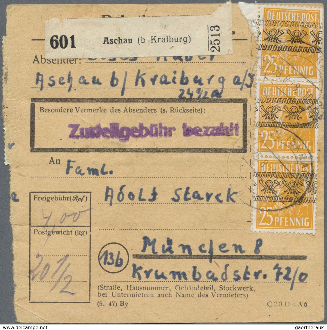 Br Bizone: 1948, 25 Pf Arbeiter Bandaufdruck, 16 Stück Als Portogerechte Massen-MeF Auf Paketkarte Von - Autres & Non Classés