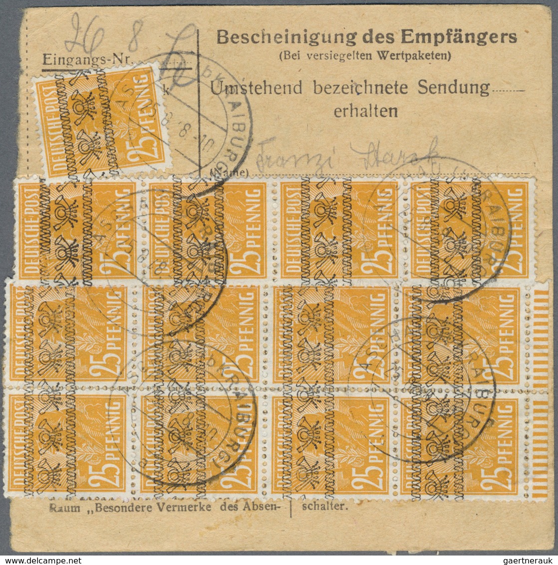 Br Bizone: 1948, 25 Pf Arbeiter Bandaufdruck, 16 Stück Als Portogerechte Massen-MeF Auf Paketkarte Von - Altri & Non Classificati