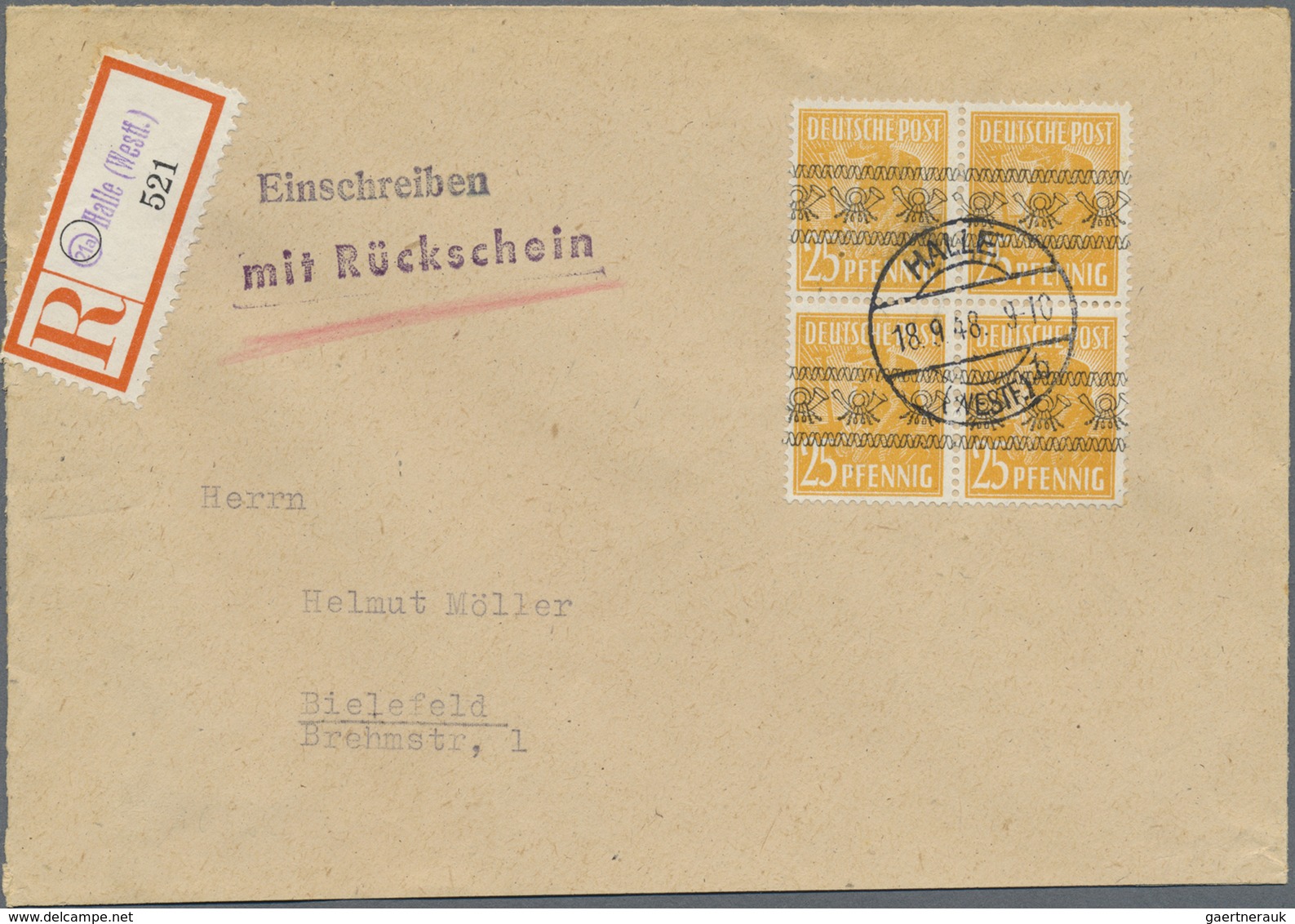 Br Bizone: 1948, 25 Pf Arbeiter Bandaufdruck, 4er-Block Als Portogerechte MeF Auf Einschreibe-Rückschei - Altri & Non Classificati