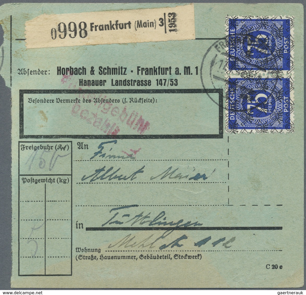 Br Bizone: 1948, 75 Ziffer Netzaufdruck, Waager. Paar Als Portogerechte MeF Auf Paketkarte Von Frankfur - Autres & Non Classés