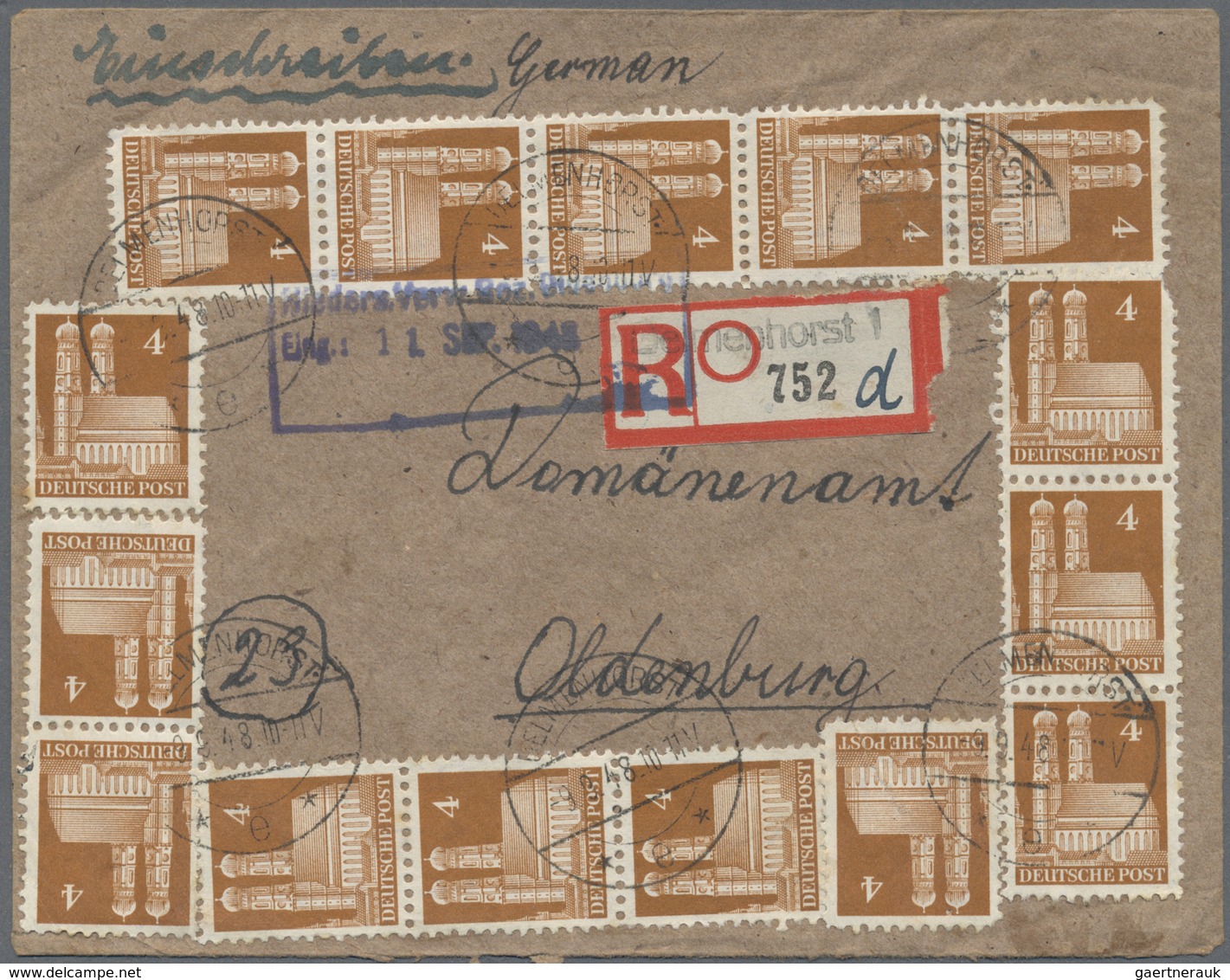 Br Bizone: 1948, 4 Pf Gelbbraun Bauten, 15 Stück Als Portogerechte Massen-MeF Auf Einschreibebrief Von - Sonstige & Ohne Zuordnung