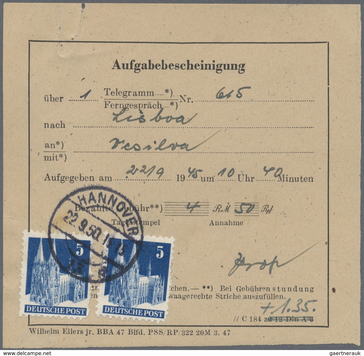 Br Bizone: 1948, 2 X 5 Pf Bauten, MeF Auf Aufgabebescheinigung Für Ein Telegramm Von Hannover, 22.9.50, - Autres & Non Classés