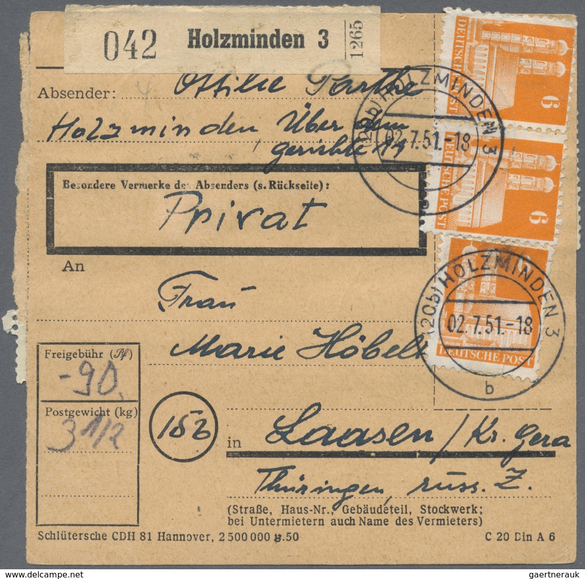 Br Bizone: 1948, 6 Pf Orange Bauten, 15 Stück Als Massen-MeF Auf Paketkarte Von Holzminden, 2.7.51, Nac - Altri & Non Classificati