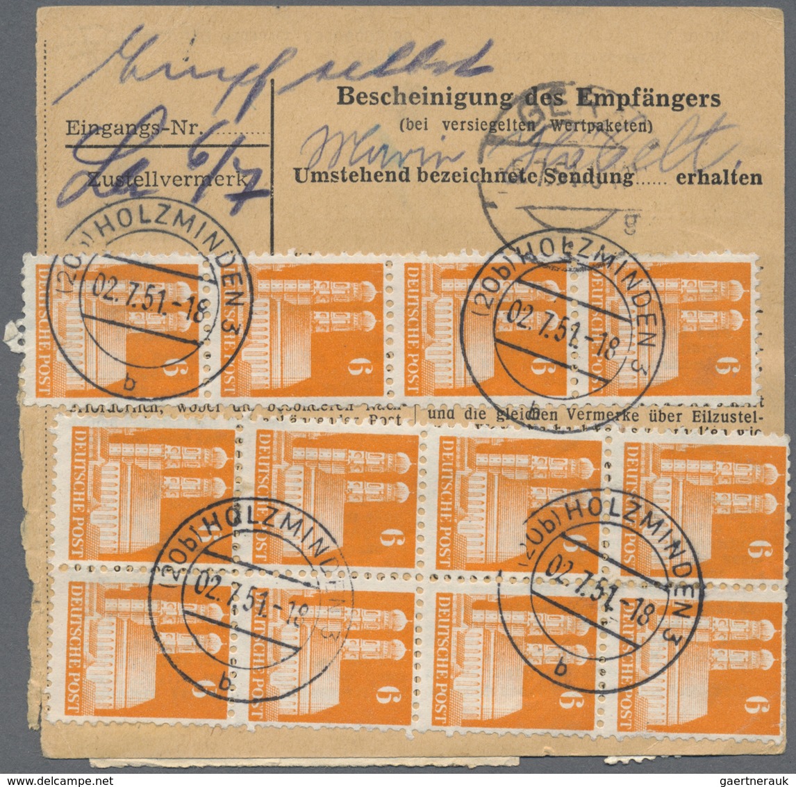 Br Bizone: 1948, 6 Pf Orange Bauten, 15 Stück Als Massen-MeF Auf Paketkarte Von Holzminden, 2.7.51, Nac - Altri & Non Classificati