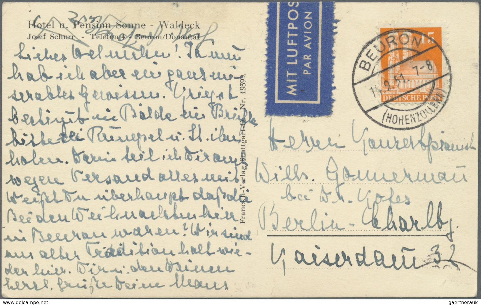 Br Bizone: 1948, 15 Pf Orange Bauten, Portogerechte EF Auf Luftpost-Postkarte Von Beuron (Hohenzollern) - Autres & Non Classés