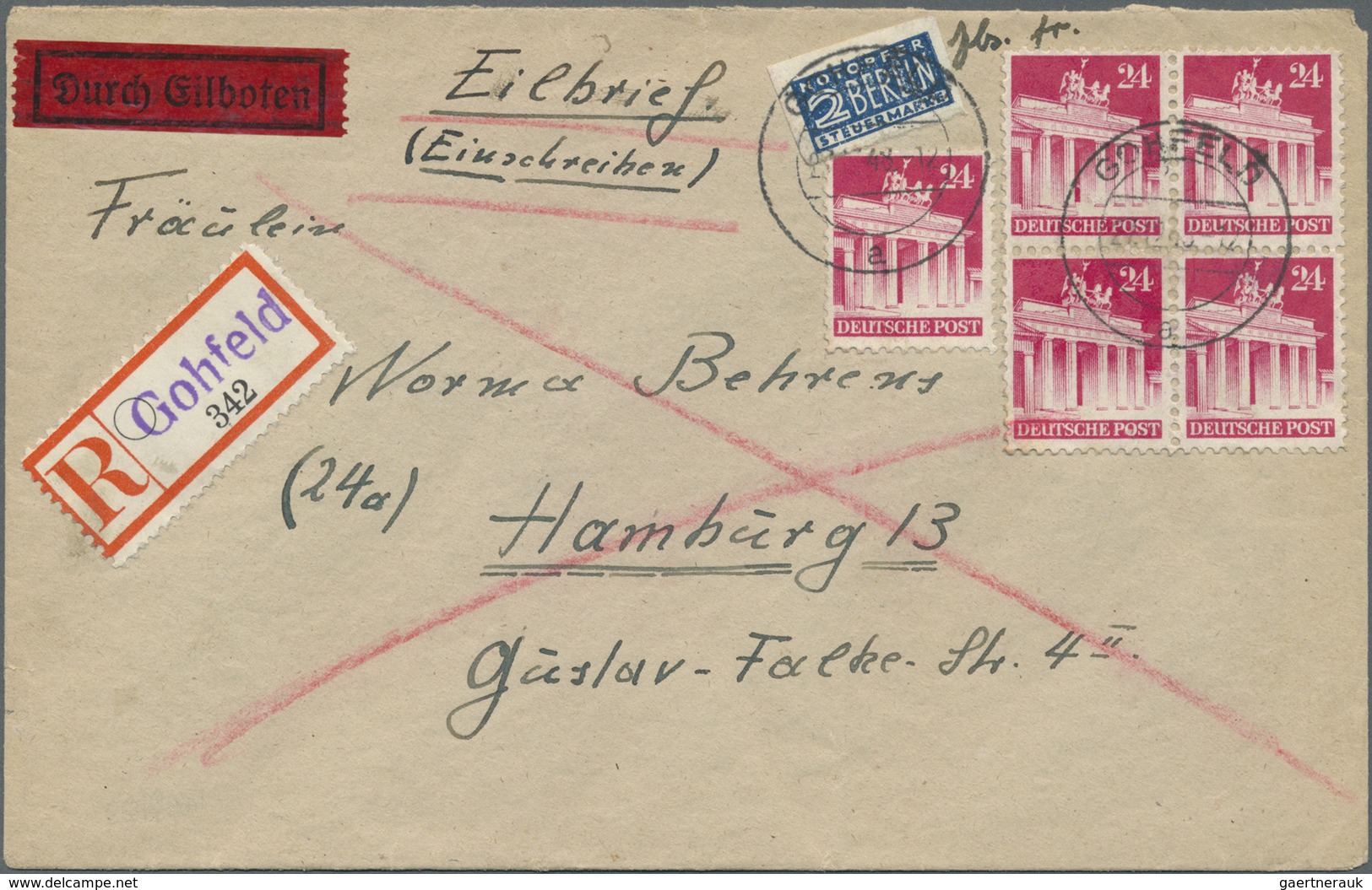 Br Bizone: 1948, 5 X 24 Pf Karminrot Bauten Als Portogerechte MeF Auf Einschreibe-Eilbotenbrief Von Goh - Sonstige & Ohne Zuordnung