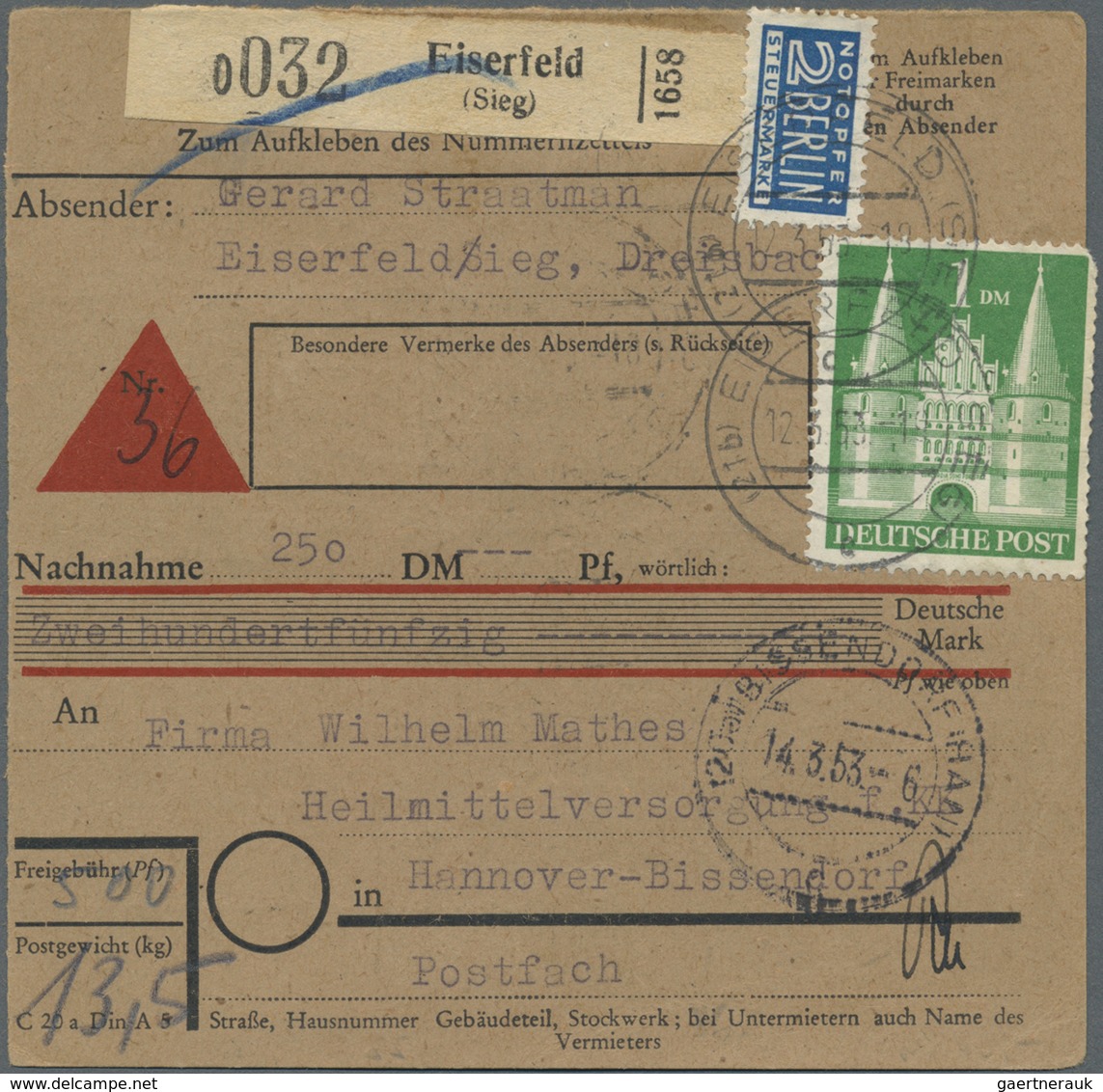 Br Bizone: 1952, 1 DM Grün, 5 Stück Als Portogerechte MeF Auf Nachnahme-Paketkarte Von Eiserfeld (Sieg) - Autres & Non Classés