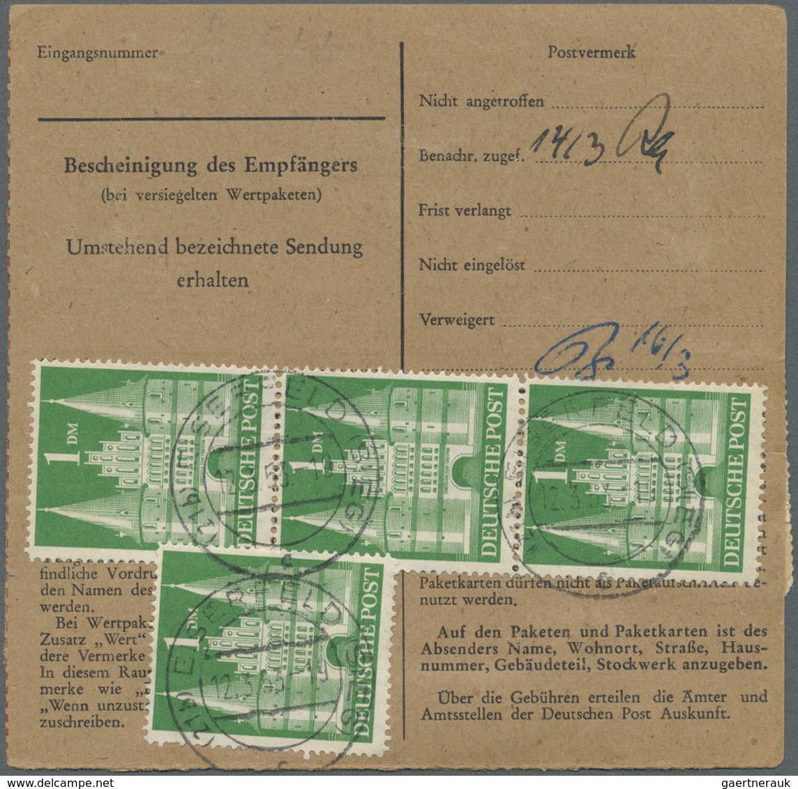 Br Bizone: 1952, 1 DM Grün, 5 Stück Als Portogerechte MeF Auf Nachnahme-Paketkarte Von Eiserfeld (Sieg) - Autres & Non Classés