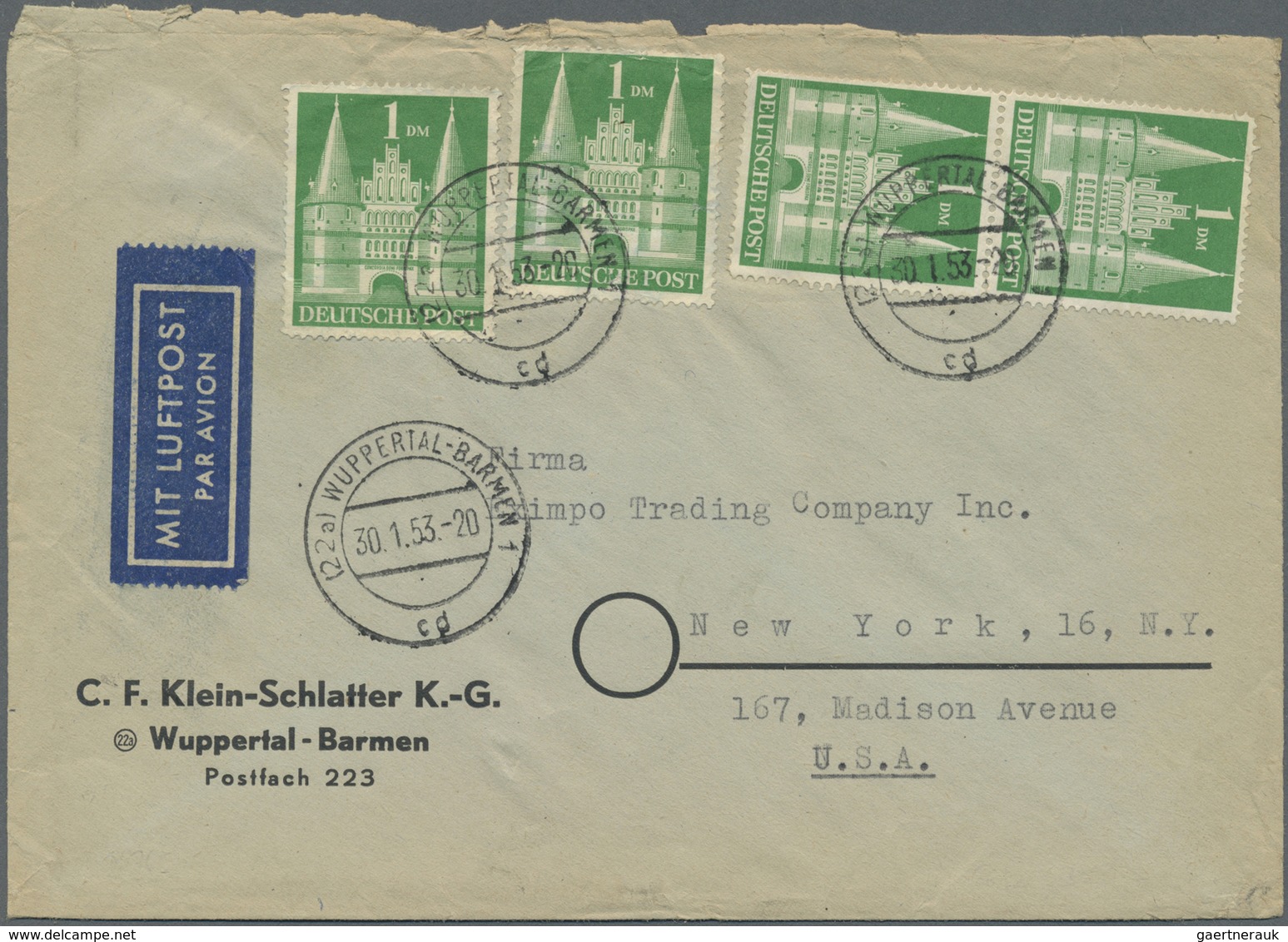 Br Bizone: 1952, 1 DM Grün, 4 Stück Als Portogerechte MeF Auf Übersee-Luftpostbrief (51-55g, Zone III) - Sonstige & Ohne Zuordnung