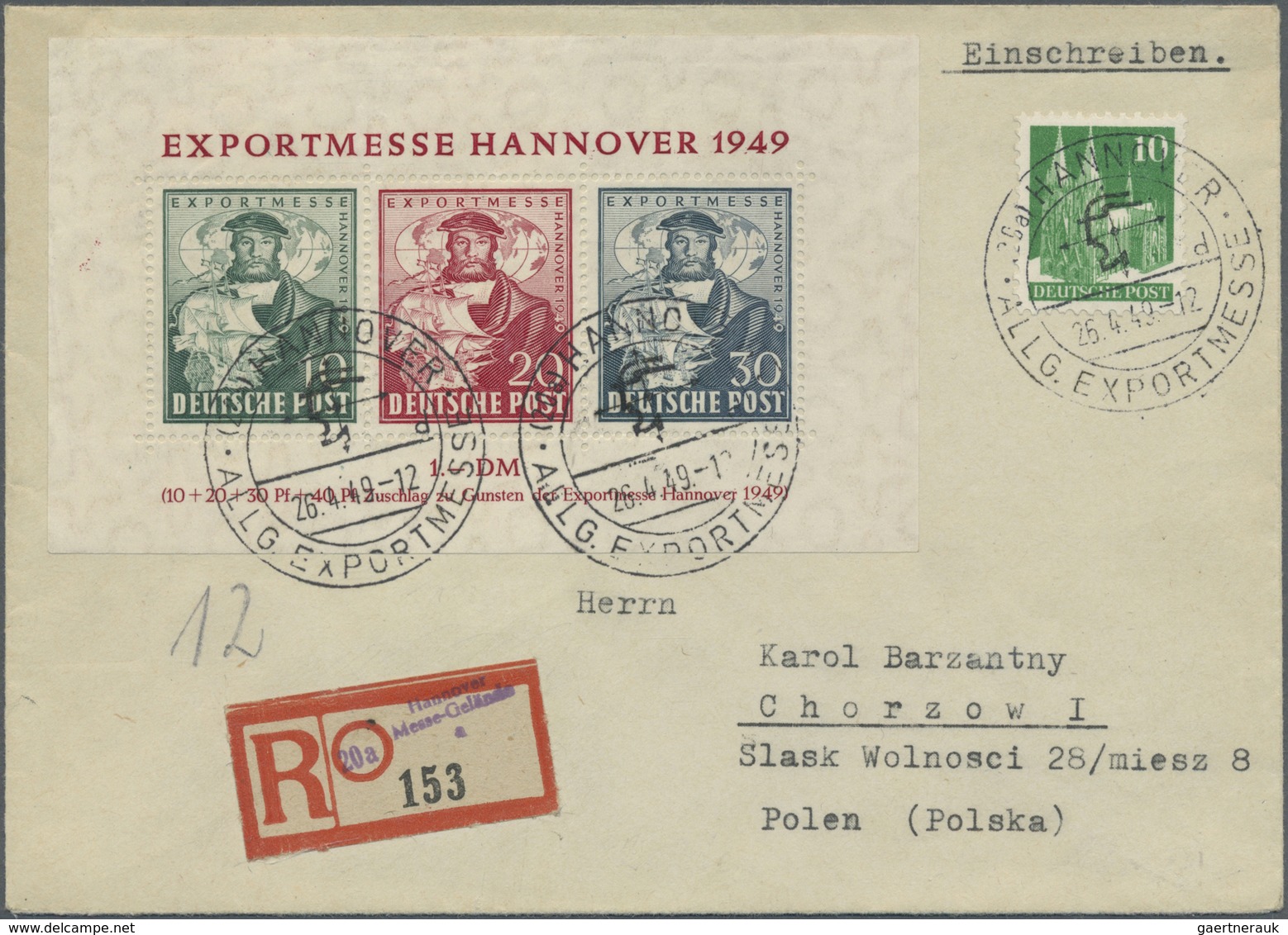 Br Bizone: 1949, Perfekter Luxus-R-Brief Mit Blockausgabe "Exportmesse Hannover 1949" Und ZuF. 10 Pfg. - Autres & Non Classés