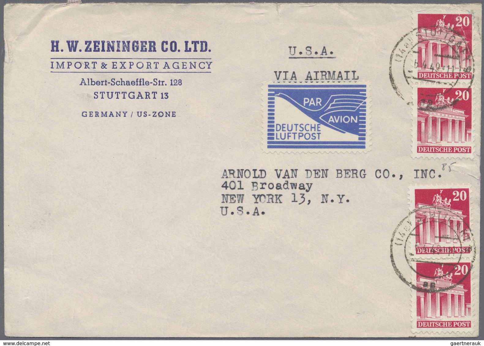 Br Bizone - Flugpost-Zulassungsmarke: 1948, JEIA-Zulassungsmarke Auf Luftpost-Überseebrief Aus "STUTTGA - Altri & Non Classificati