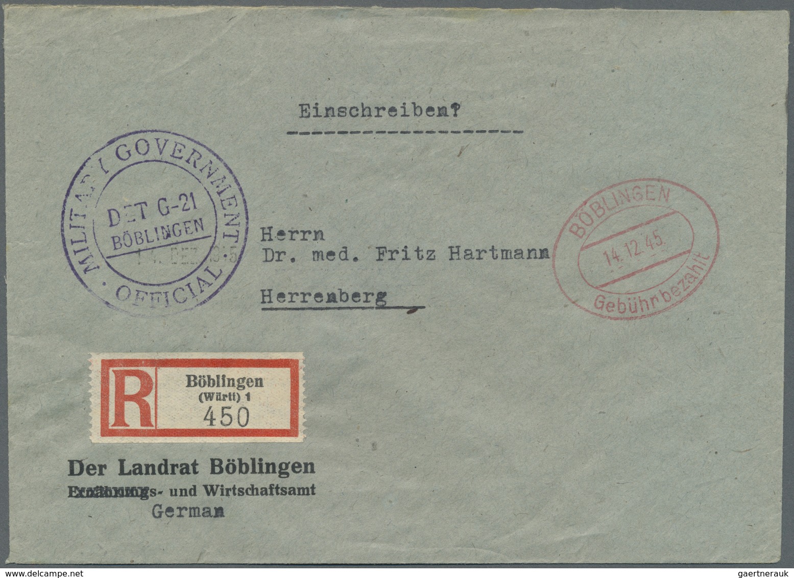 Br Bizone - Besonderheiten: 1945, "MILITARY GOVERNMENT / OFFICIAL / DET G-21 / BÖBLINGEN", Klarer Viol. - Sonstige & Ohne Zuordnung