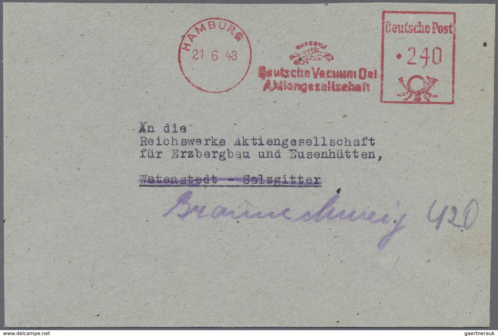 Br Bizone - Besonderheiten: 1948, 240 Pfg. ZEHNFACH-Absenderfreistempel "Deutsche Vacuum Oel" Auf Brief - Altri & Non Classificati