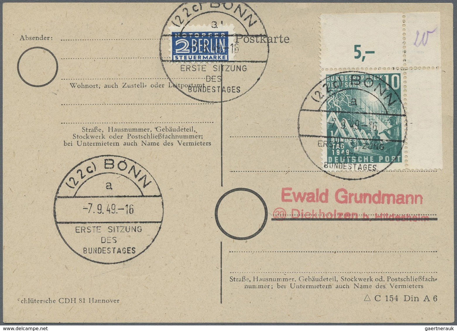 Bundesrepublik Deutschland: 1949, Erste Sitzung Der Bundestages Jeweils Aus Der Rechten Oberen Bogen - Altri & Non Classificati