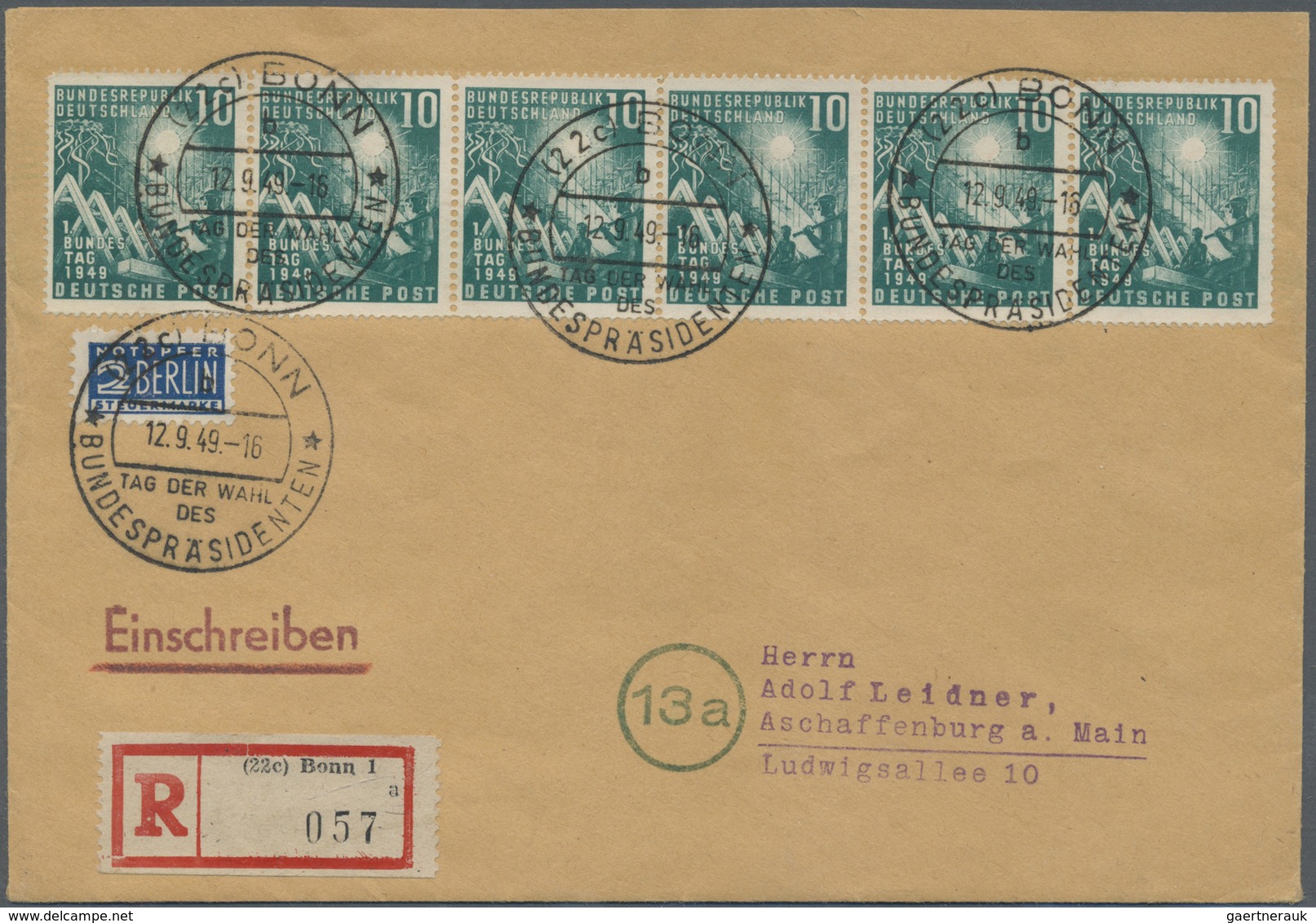 Br Bundesrepublik Deutschland: 1949, 10 Pfg. Bundestag, Außergewöhnlicher Luxus-Sechserstreifen Mit 3 G - Altri & Non Classificati