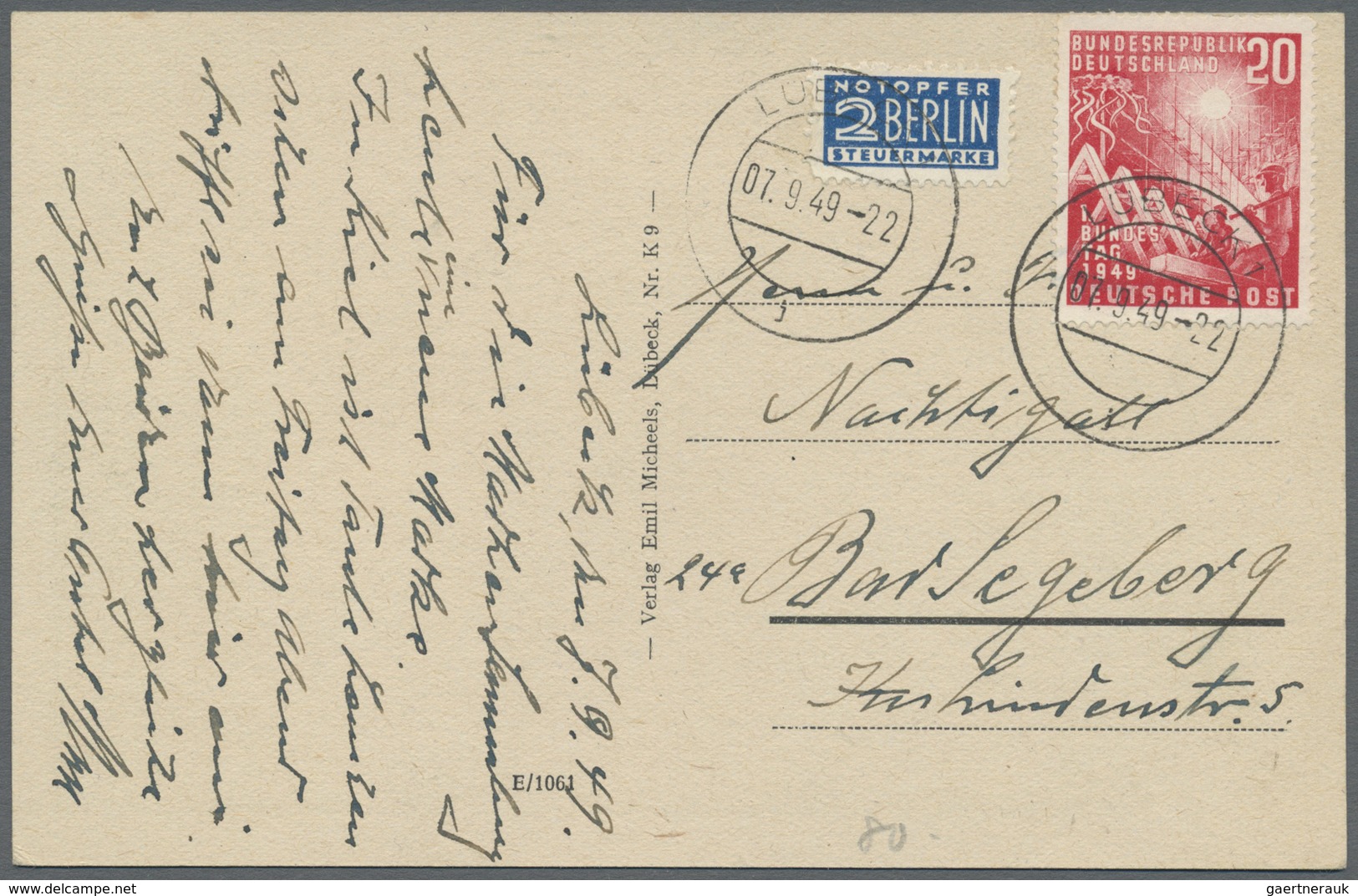 Bundesrepublik Deutschland: 1949, Bundestag 20 Pfg Auf Ansichtskarte Von "LÜBECK J 07.9.49-22" Nach - Autres & Non Classés