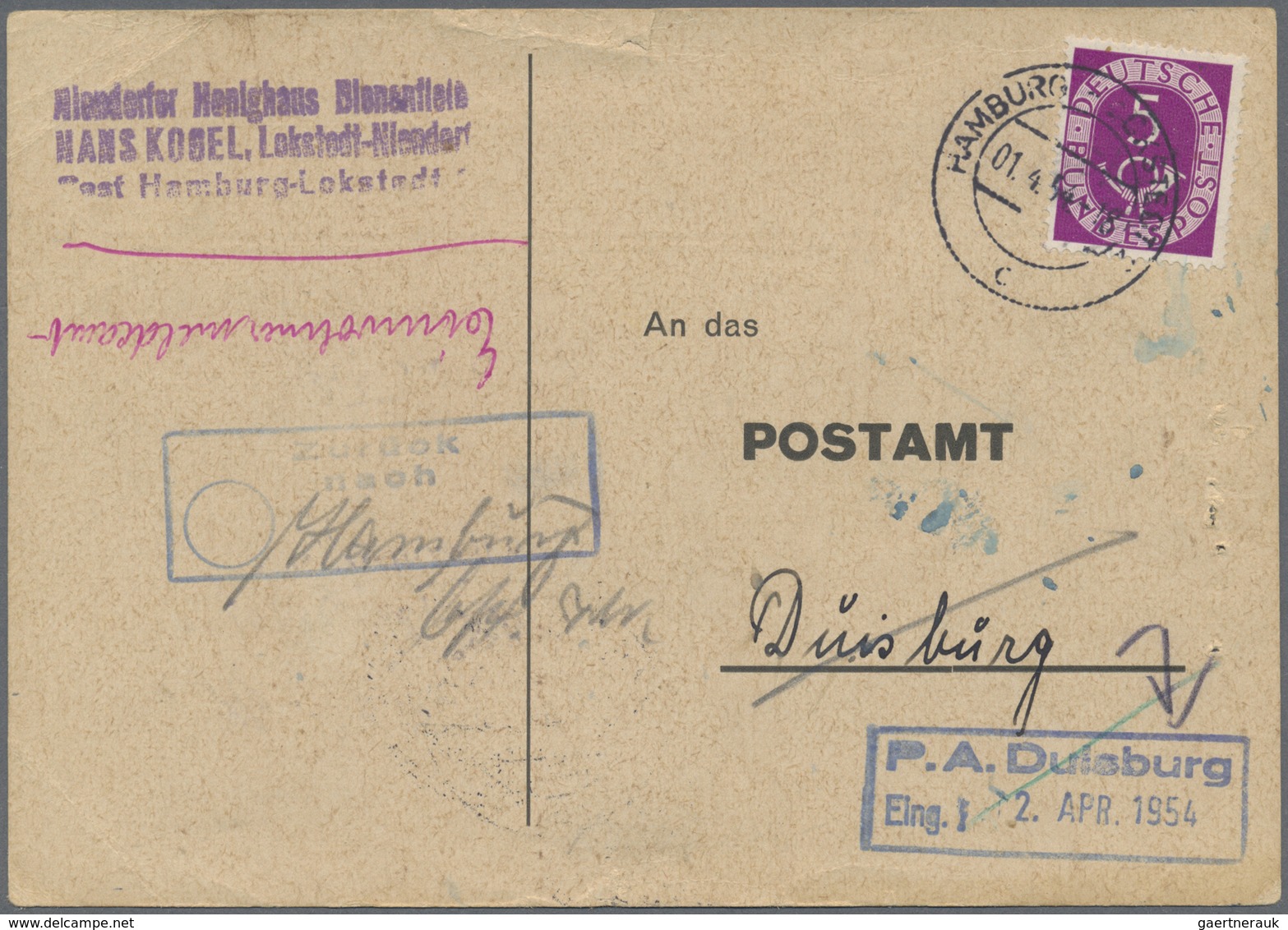 Br Bundesrepublik Deutschland: 1951, 5 Pf Posthorn, EF Auf Anschriftenprüfung Von Hamburg-Lokstedt, 1.4 - Sonstige & Ohne Zuordnung