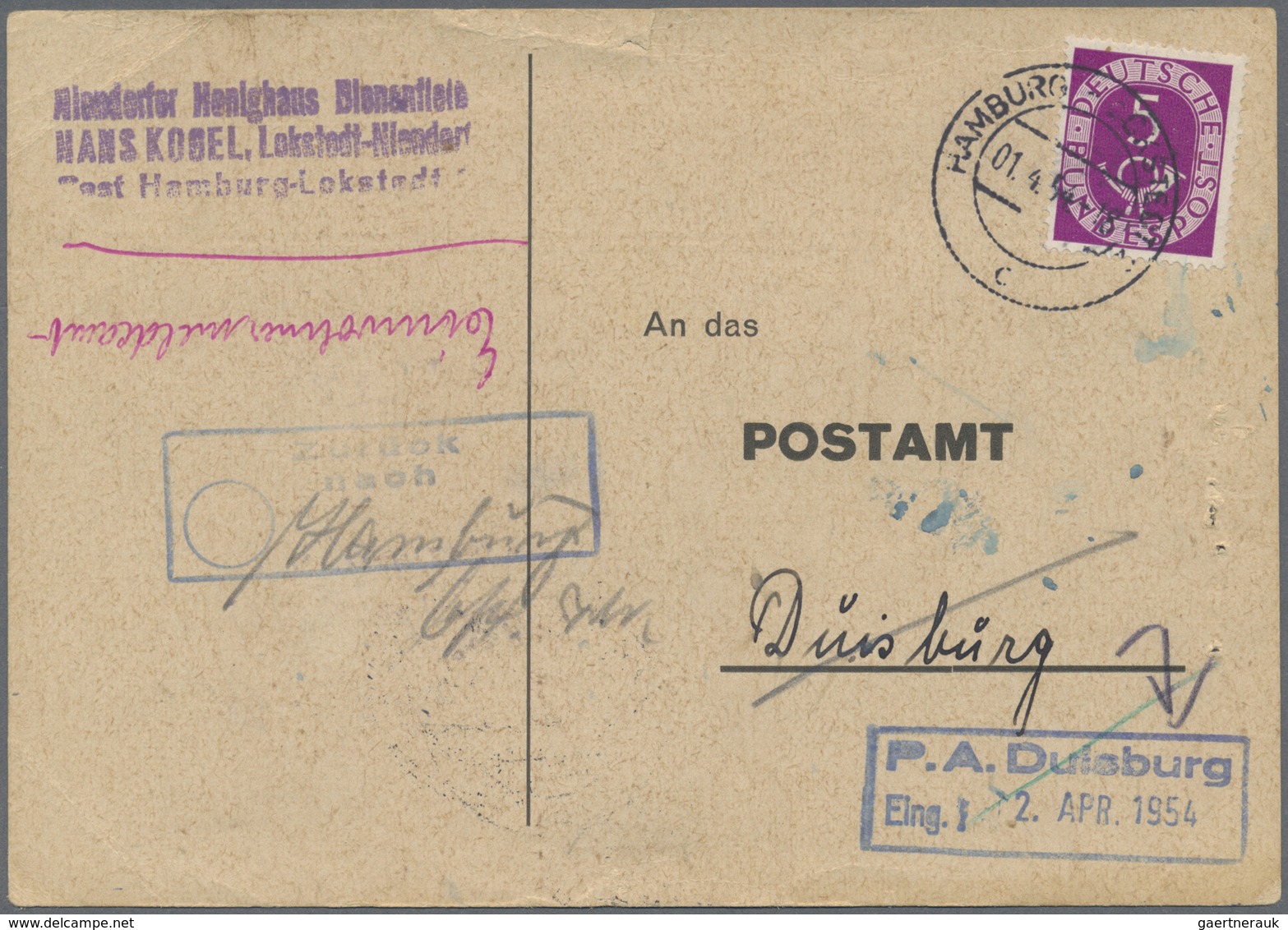 Br Bundesrepublik Deutschland: 1951, 5 Pf Posthorn, EF Auf Anschriftenprüfung Von Hamburg-Lokstedt, 1.4 - Autres & Non Classés