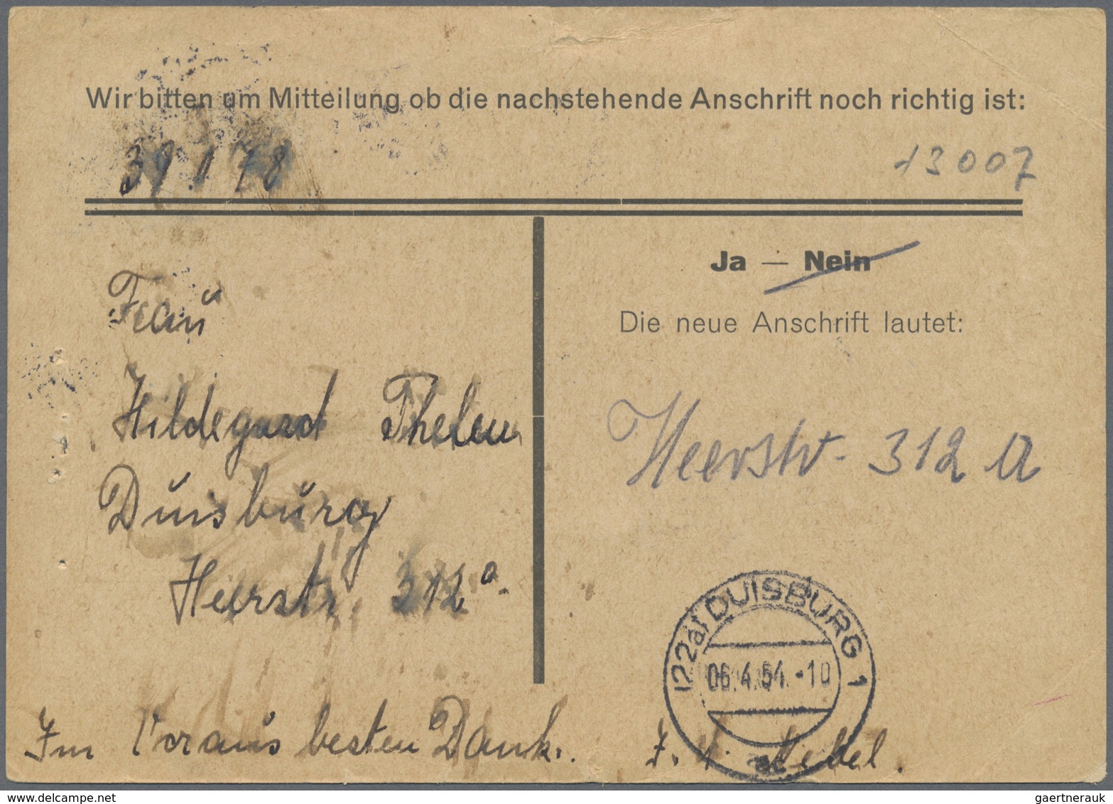 Br Bundesrepublik Deutschland: 1951, 5 Pf Posthorn, EF Auf Anschriftenprüfung Von Hamburg-Lokstedt, 1.4 - Altri & Non Classificati