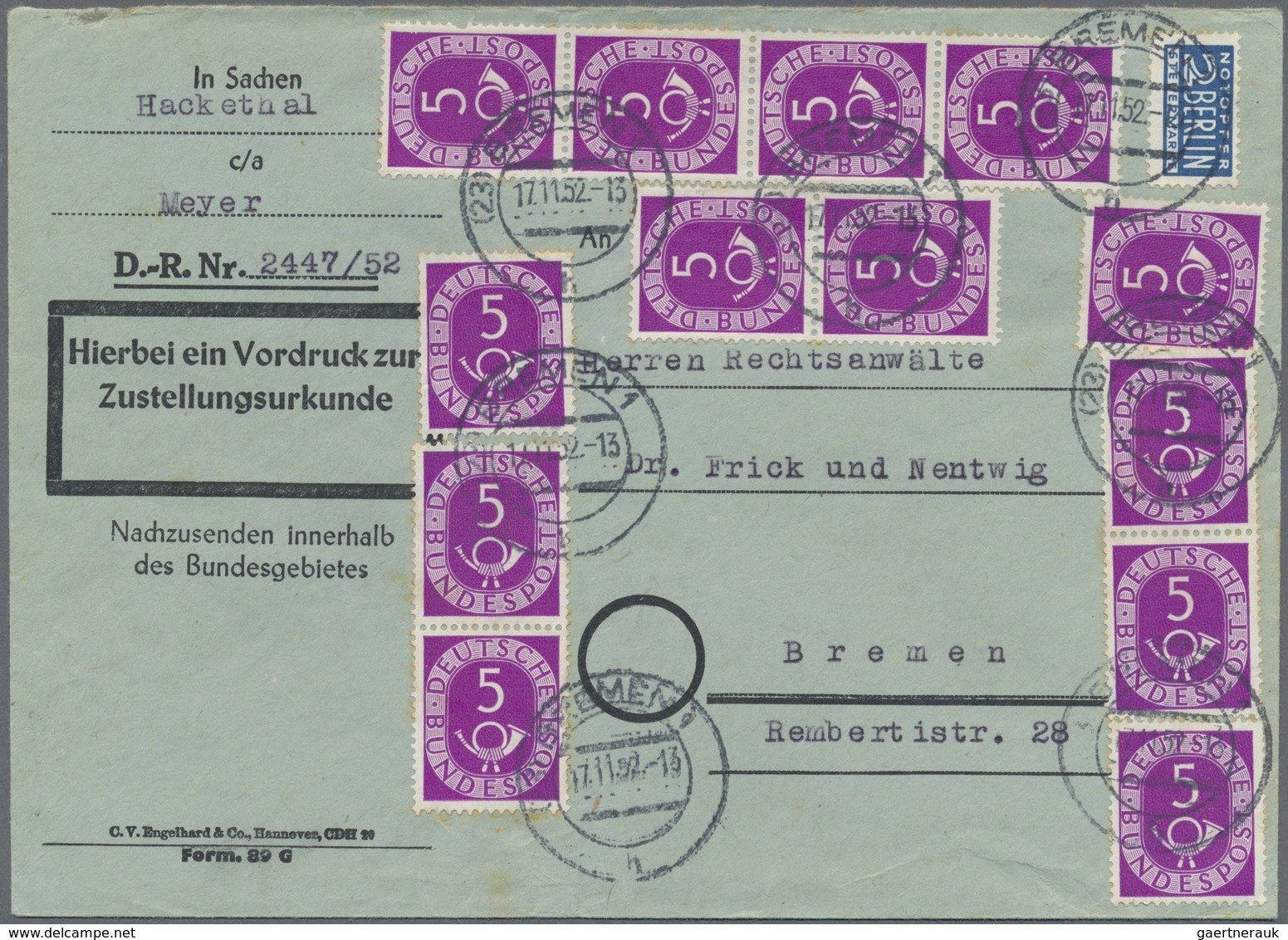 Br Bundesrepublik Deutschland: 1951, 5 Pf Posthorn, 13 Stück Als Portogerechte Massen-MeF Auf Zustellur - Autres & Non Classés