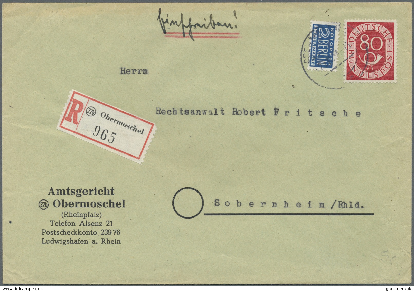 Br Bundesrepublik Deutschland: 1951, Posthorn 75 Pfg. Auf Einschreib-Fernbrief-Eigenhändig Aus Paderbor - Altri & Non Classificati