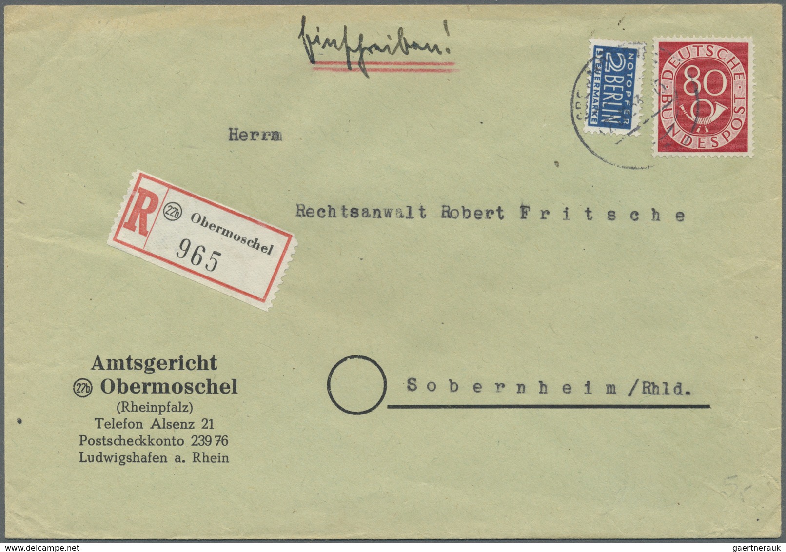 Br Bundesrepublik Deutschland: 1951, Posthorn 75 Pfg. Auf Einschreib-Fernbrief-Eigenhändig Aus Paderbor - Sonstige & Ohne Zuordnung