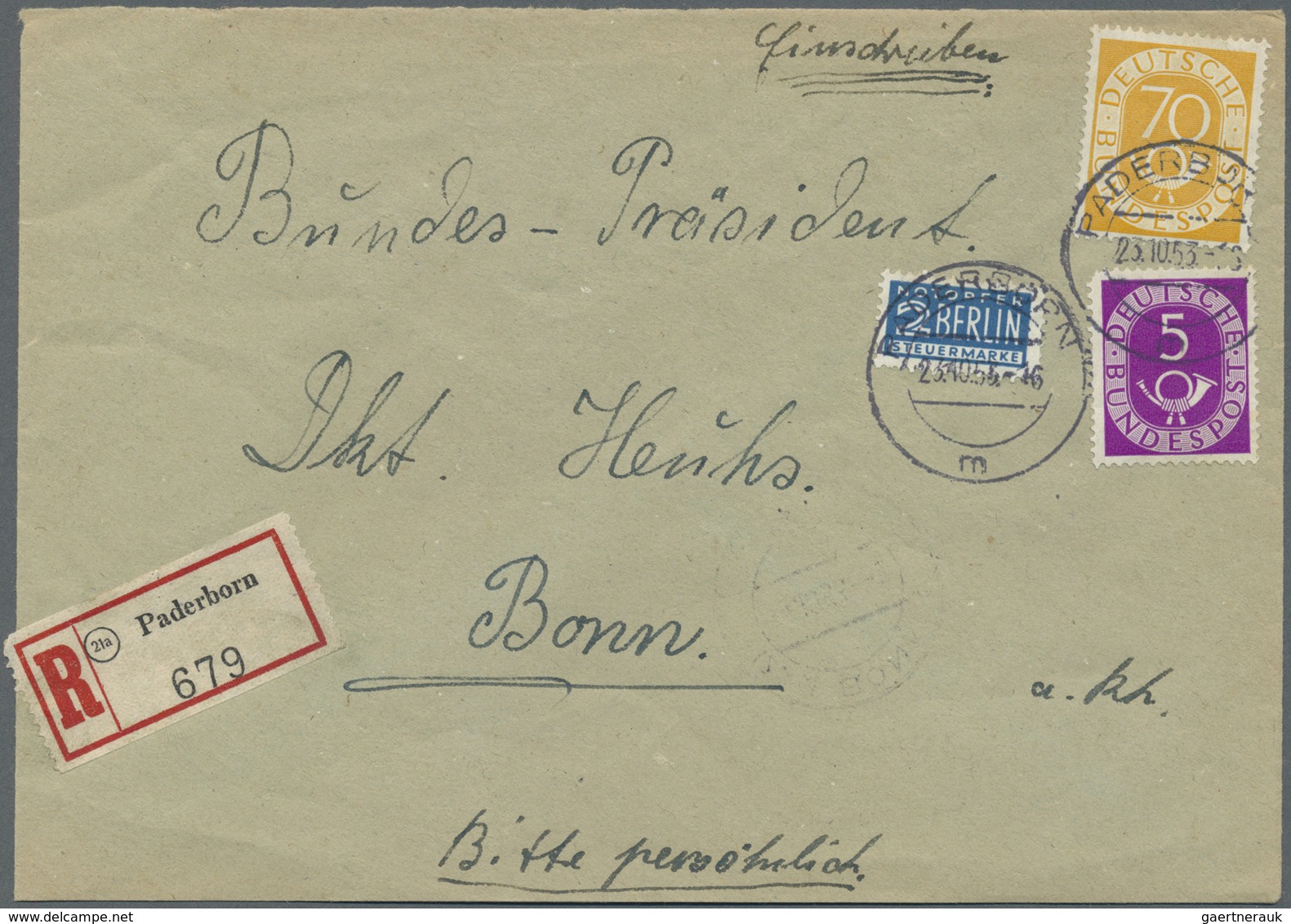 Br Bundesrepublik Deutschland: 1951, Posthorn 75 Pfg. Auf Einschreib-Fernbrief-Eigenhändig Aus Paderbor - Sonstige & Ohne Zuordnung