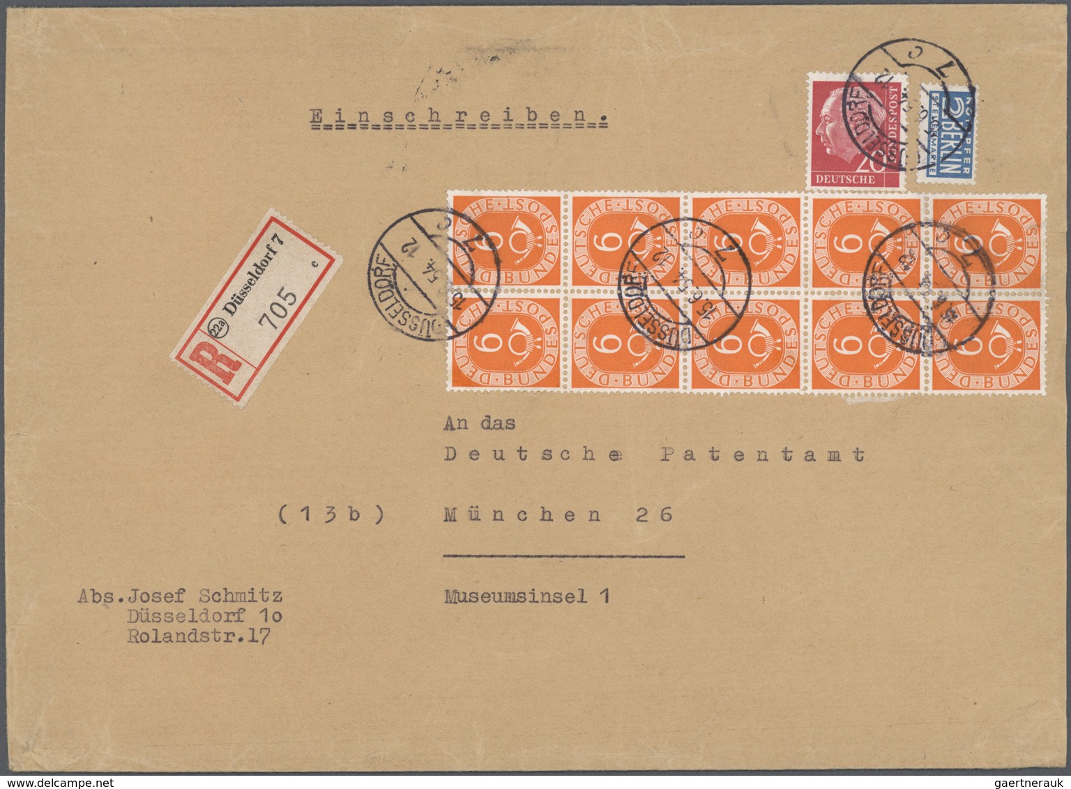 Br Bundesrepublik Deutschland: 1954, 6 Pfg. Posthorn, Senkrechter 10er-Block Zus. Mit 20 Pfg. Heuss, Po - Altri & Non Classificati