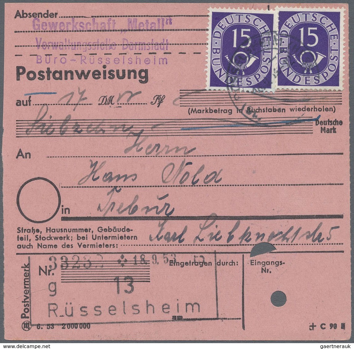 Br Bundesrepublik Deutschland: 1953, Postanweisung Mit 2-mal 15 Pfg. Posthorn Ab RÜSSELSHEIM Nach Selbi - Altri & Non Classificati