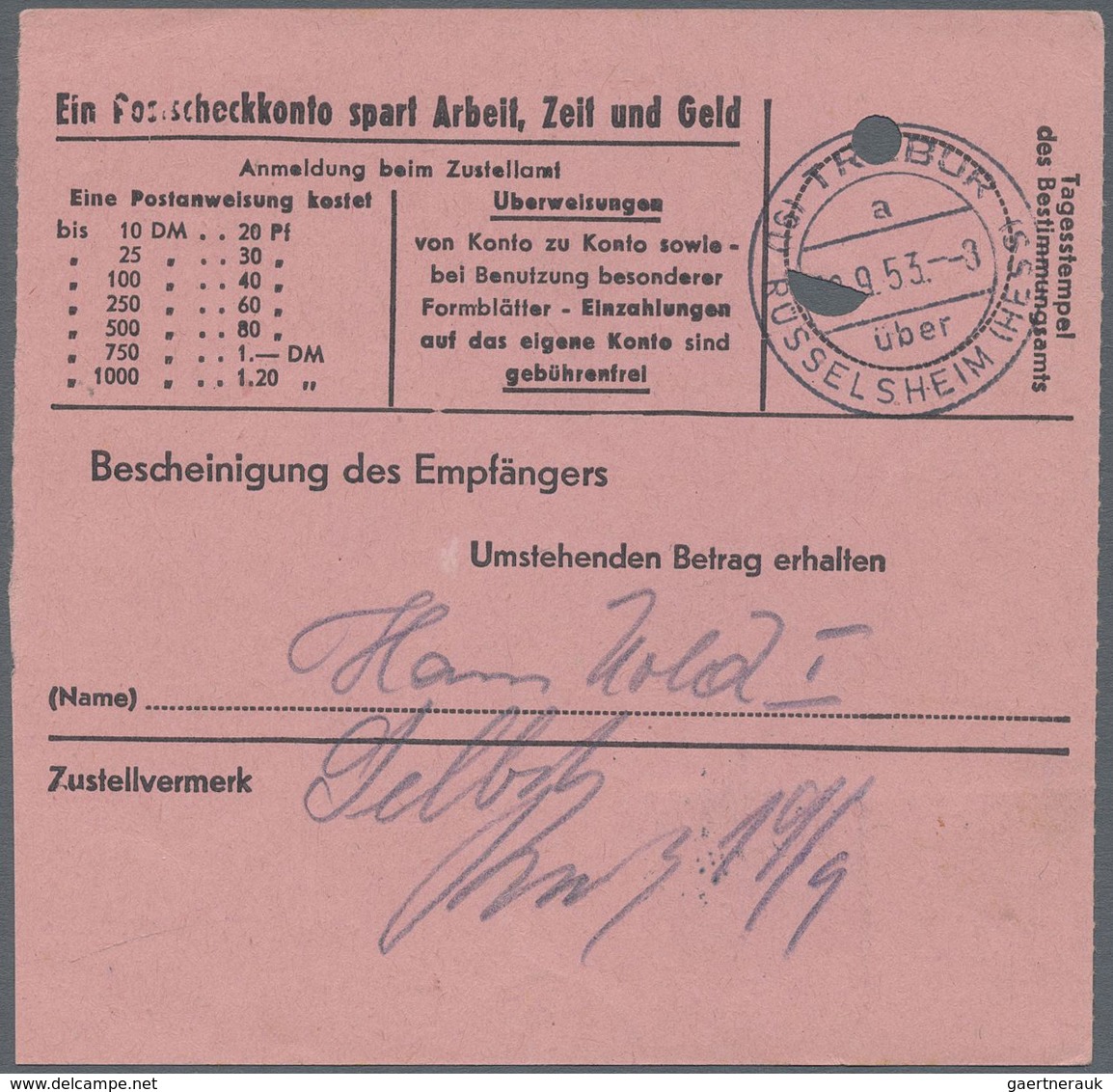 Br Bundesrepublik Deutschland: 1953, Postanweisung Mit 2-mal 15 Pfg. Posthorn Ab RÜSSELSHEIM Nach Selbi - Sonstige & Ohne Zuordnung