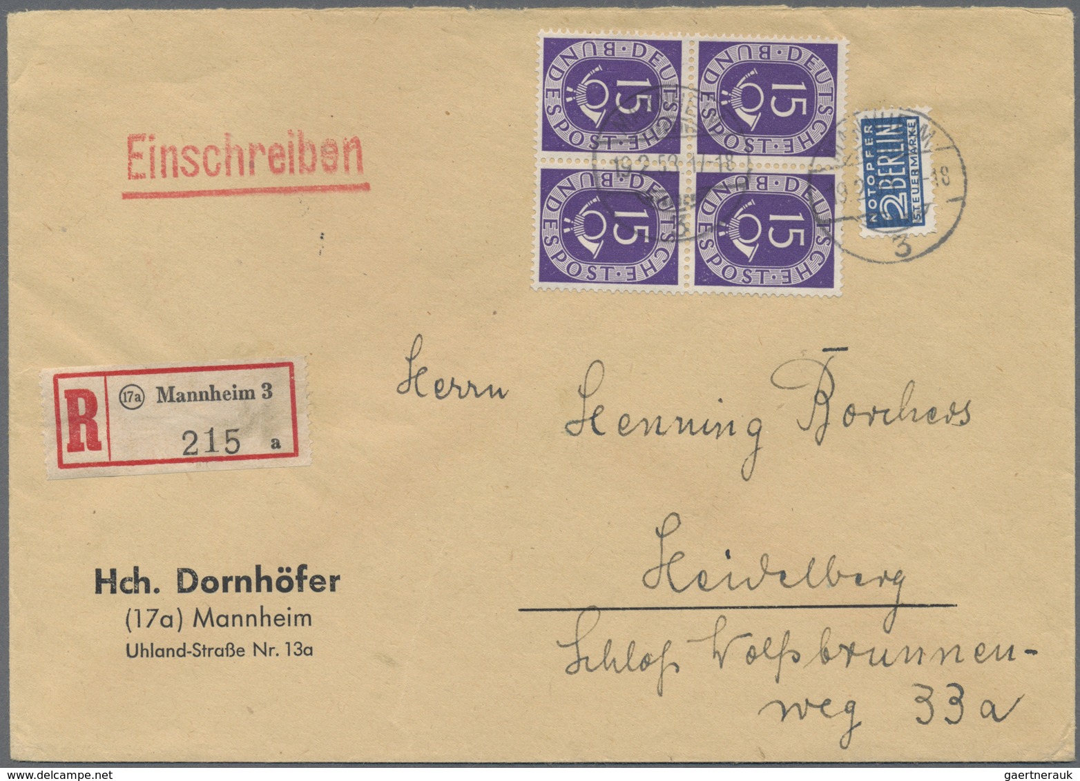 Br Bundesrepublik Deutschland: 1952, Posthorn 15 (Pf) Im Zentrisch Gestempelten 4er-Block Mit Notopfer - Sonstige & Ohne Zuordnung