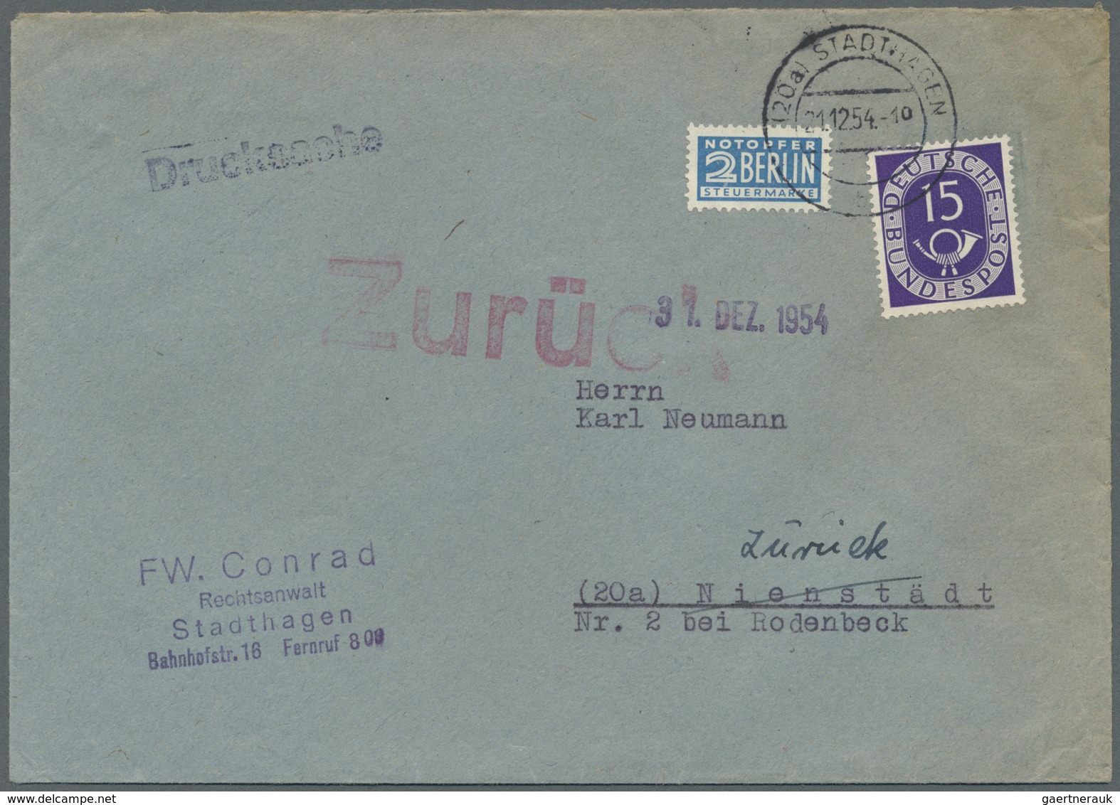 Br/GA Bundesrepublik Deutschland: 1951, Posthorn 15 Pfg. Als Einzelfrankatur Auf Ansichtskarte Sowie Auf D - Sonstige & Ohne Zuordnung