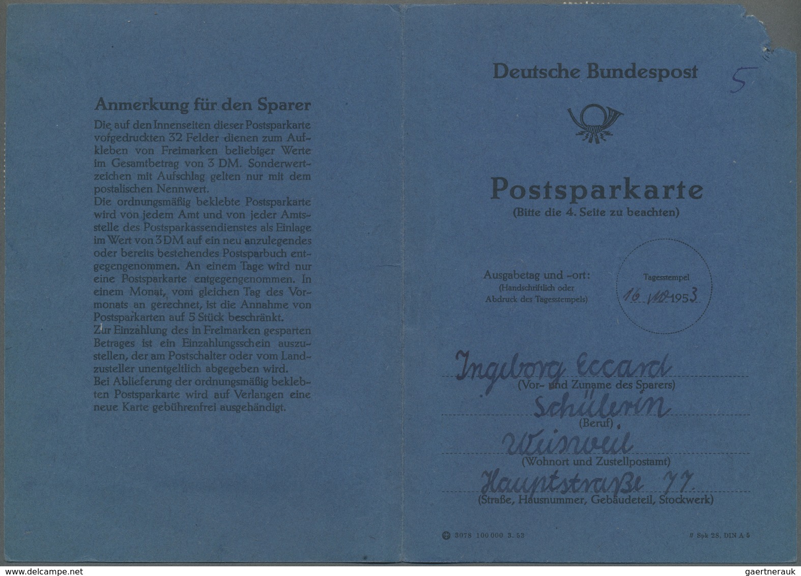 Bundesrepublik Deutschland: 1953, Blaue Postsparkarte Komplett Mit 18 X 10 Pf. Kriegsgefangene Und 6 - Sonstige & Ohne Zuordnung